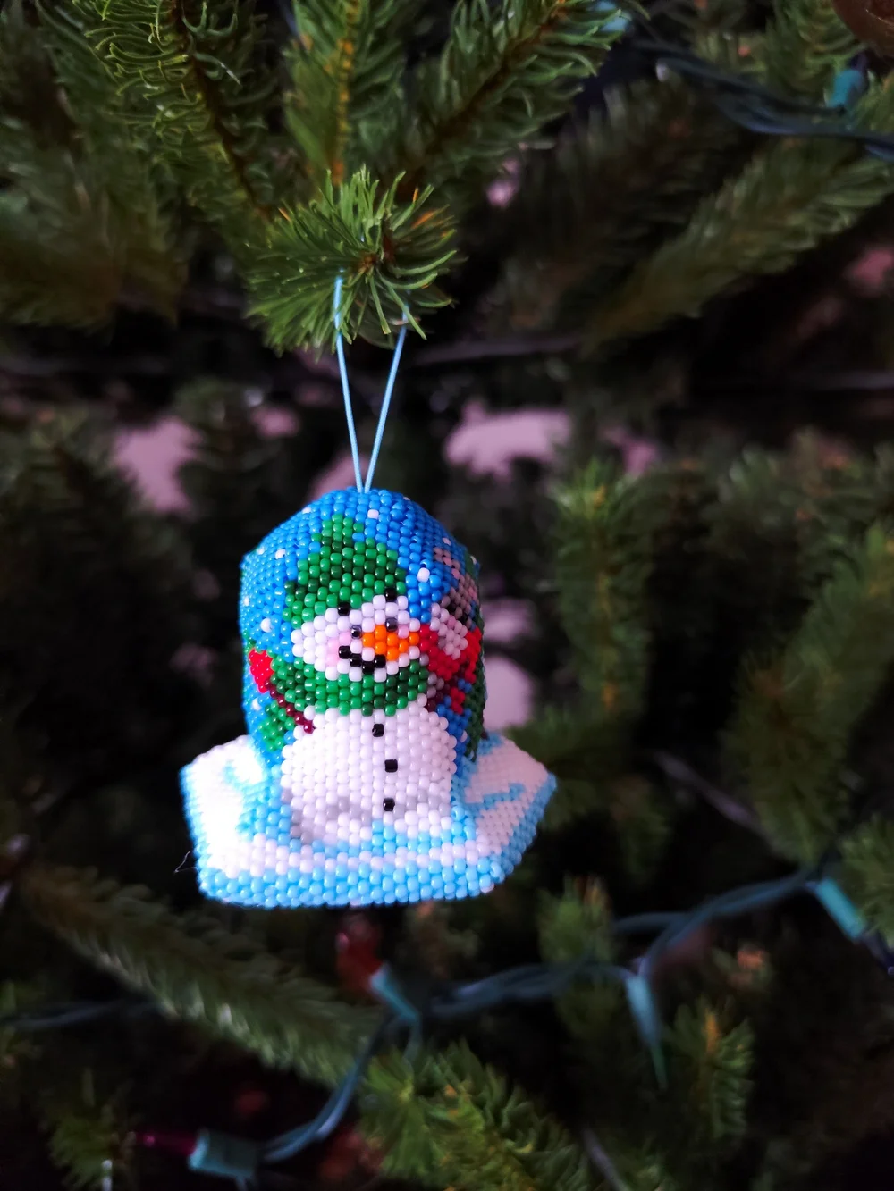 Handmade Blue Beaded Snowman Holiday Ornament